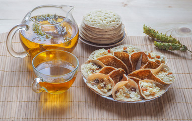 Oriental sweets. Traditional Arabic pancakes. The concept of food in Ramadan.
