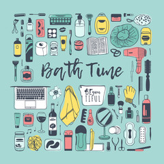 Hand drawn illustration beauty products. Creative ink art work. Actual vector bath drawing