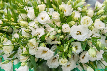 A large bouquet of white alstroemerias in a flower shop is sold as a gift box. The farmer's market. Close up.