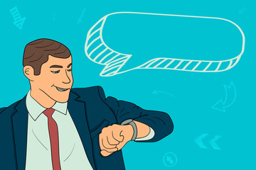 Businessman looks at the clock and speaks. the time has come. the beginning of a new project