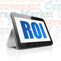 Finance concept: Tablet Computer with  blue text ROI on display,  Tag Cloud background, 3D rendering