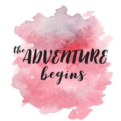 Hand drawn vivid illustration stylized as a watercolor spot augmented with sketchy wild flowers and a motivational inscription. Inspiration, travel, lifestyle themes, design element.