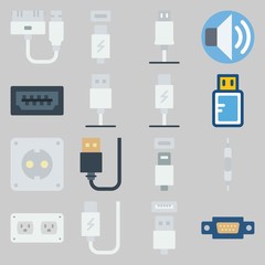 icon set about Connectors Cables. with usb cable, socket and volume