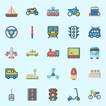 icons set about Transportation. with motorbike, cruise ship, airplane, steering wheel, sail boat and road