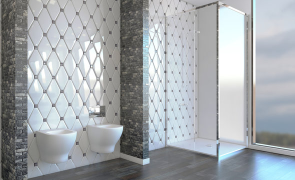 Bathroom interior bathtub. 3D rendering.