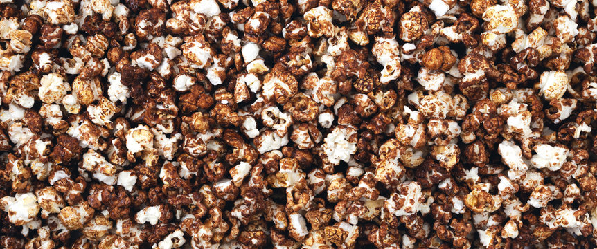 Panorama of chocolate popcorn.