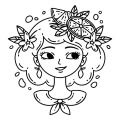 Girl with lemon. Lemonade girl. Isolated objects on white background. Vector illustration. Coloring pages.