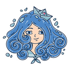 Girl with curly hair. Sea girl. Girl with blue hair. Paper boat. Isolated objects on white background. Vector illustration.