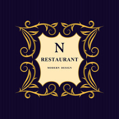 Gold Monogram design elements, graceful template. Calligraphic Elegant line art logo. Letter N emblem identity for Restaurant, Royalty, Boutique, Cafe, Hotel, Heraldic, Jewelry, Fashion, Wine. Vector