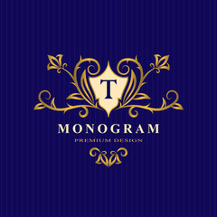 Gold Monogram design elements, graceful template. Calligraphic Elegant line art logo. Letter T emblem identity for Restaurant, Royalty, Boutique, Cafe, Hotel, Heraldic, Jewelry, Fashion, Wine. Vector