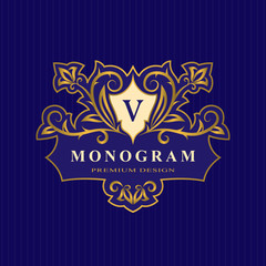 Gold Monogram design elements, graceful template. Calligraphic Elegant line art logo. Letter V emblem identity for Restaurant, Royalty, Boutique, Cafe, Hotel, Heraldic, Jewelry, Fashion, Wine. Vector