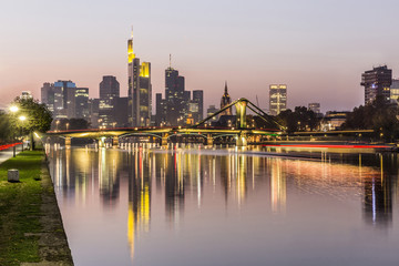 Evening view of Frankfurt skyline and river Main