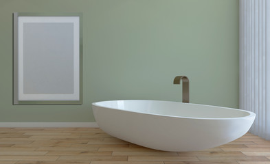 Naklejka na ściany i meble Scandinavian bathroom, classic vintage interior design. 3D rendering.. Empty paintings