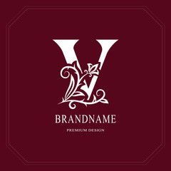 Elegant Capital letter V. Graceful floral style. Calligraphic beautiful logo. Vintage drawn emblem for book design, brand name, business card, Restaurant, Boutique, Hotel, Cafe. Vector illustration