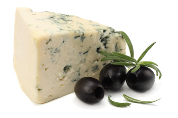 blue cheese with olives and rosemary isolated on white background