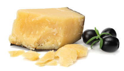 parmesan cheese with olives isolated on white background