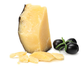 parmesan cheese with olives isolated on white background