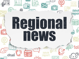 News concept: Painted black text Regional News on Torn Paper background with  Hand Drawn News Icons