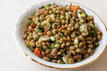 Lentil Salad with Onions, Parsley and Tomatoes in Ceramic Bowl.