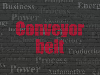 Industry concept: Painted red text Conveyor Belt on Black Brick wall background with  Tag Cloud