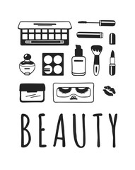 Hand drawn illustration beauty products . Creative ink art work. Actual vector makeup drawing