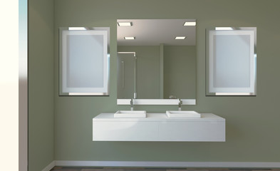 Fototapeta na wymiar Scandinavian bathroom, classic vintage interior design. 3D rendering. Empty paintings