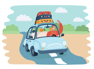illustration of a kids in car on road