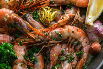 Many roasted tiger prawns shrimps background, close view