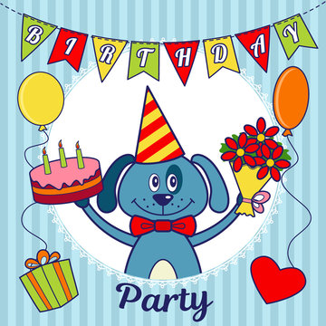Birthday party invitation card or greeting card. A cartoon dog with a cake and a bouquet of flowers, balloons, a heart and a gift box. Vector illustration