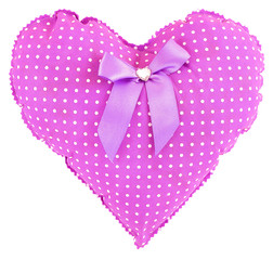 Stuffed pink gingham heart with white dots, bow and a crystal heart isolated on white background. Soft purple heart with violet ribbon. Valentine's, Mother's and Father's Day present. Lilac heart.