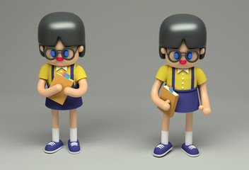 3d rendering of little girl in glasses with book. Cartoon stylized. Cute figure on grey background.