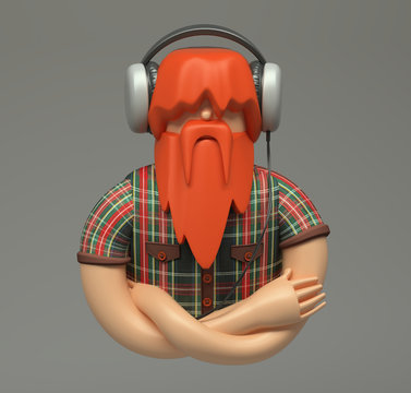 3d rendering. Quietly young man with overgrown red beard listening to music with big headphone. Cartoon lumberjack style character. Cute figure isolated on grey background.