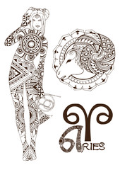 Aries made in mehndi style. Zodiac sign.