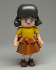 3d rendering of hipster girl in yellow t-shirt, leather brown skirt, boots. Cartoon stylized 3d character illustration. Cute figure in full growth isolated on grey background.