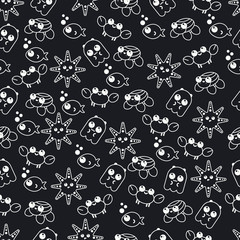 Black and white vector seamless pattern cute marine Doodle