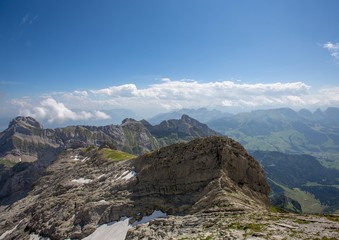 Fototapeta na wymiar Landscape of the Alpstein and the Saentis which are a subgroup of the Appenzell Alps in Switzerland