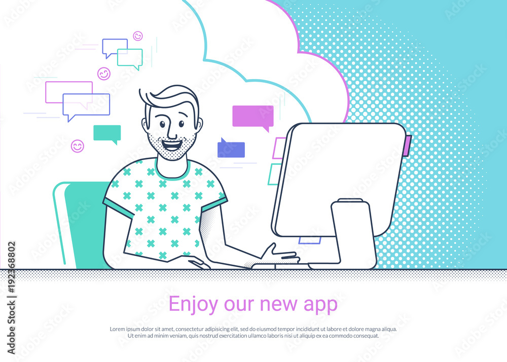 Poster glad man is working with computer. flat fun line vector illustration of happy smiling student studyi
