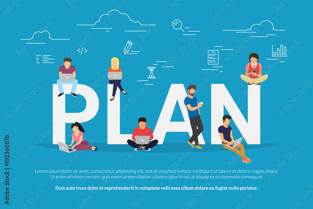 Poster plan your work and projects concept vector illustration of business people using devices for working