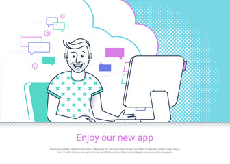 Glad man is working with computer. Flat fun line vector illustration of happy smiling student studying or working at home desk. Young guy enjoying website or pc app, he is glad to reading email news