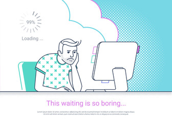 Tired and bored man is working with computer. Flat fun line vector illustration of tired student studying or working using pc at home desk. Young man waiting website loading at his desktop he sleeping