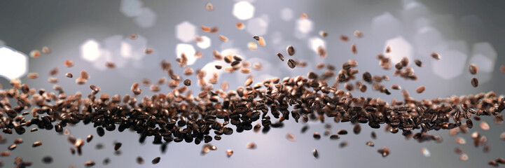 3d realistic falling coffee beans, floating wave with focus on foreground. Soft  abstract background with blurred lights , cat eye bokeh with geometric hexagonal iris. Long horizontal format.