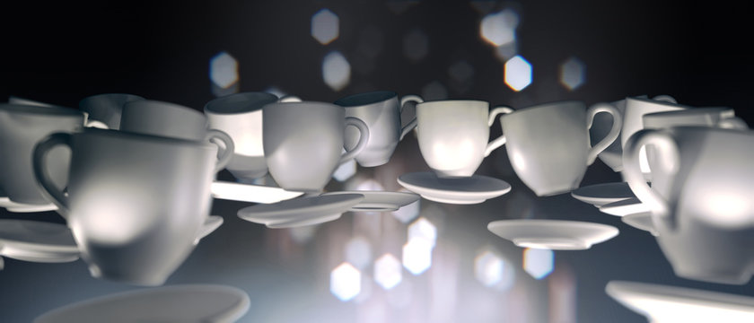 3d Lots of coffee cups floating in zero gravity. Dark abstract background with blurred lights , bokeh with geometric hexagonal iris. Long horizontal format.