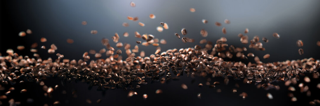 3d realistic falling coffee beans, floating wave with focus on foreground.Dark abstract background . Long horizontal format.