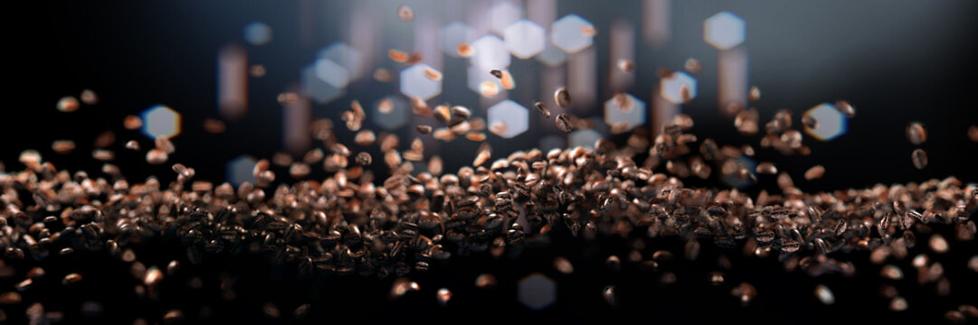 3d realistic falling coffee beans, floating wave with focus on foreground..Dark abstract background with blurred lights , bokeh with geometric hexagonal iris. Long horizontal format.