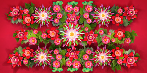 Fototapeta na wymiar 3d cartoon stylized lotus flowers. Bright blossoms with green foliage on red background. Row plant, border pattern.