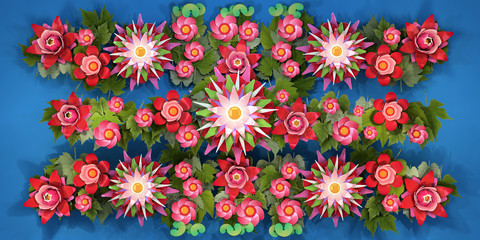 Fototapeta na wymiar 3d cartoon stylized lotus flowers on water. Bright pink blossoms with green foliage on blue background. .Row plant, border pattern.