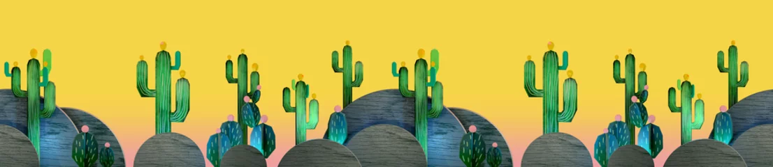 Tuinposter 3d cartoon stylized decorations. Mexican theme.  Flat hills with cactuses . Wooden theatrical scenery style, or layered as pop-up books. Seamless border pattern on vivid yellow background.. © Dmitry