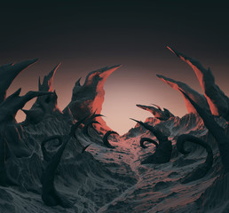 3d rendering of horror landscape. Dry twisted spines, spikes sticking out of the dry stone ground. Evil demonic planet background for Halloween poster. © Dmitry