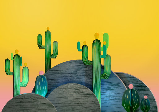 3d cartoon stylized decorations. Mexican theme.  Flat hills with cactuses . Wooden theatrical scenery style, or layered as pop-up books. Vivid yellow background.