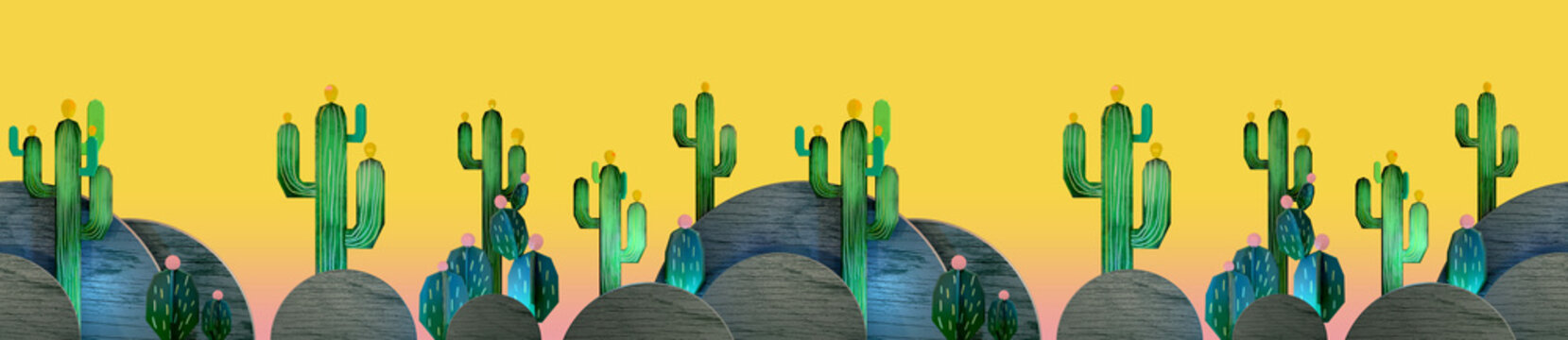 3d cartoon stylized decorations. Mexican theme.  Flat hills with cactuses . Wooden theatrical scenery style, or layered as pop-up books. Seamless border pattern on vivid yellow background..